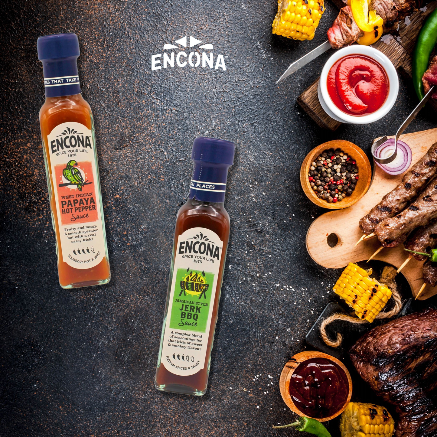 Encona Jamaican Style Jerk BBQ Sauce 142ml and Encona West Indian Papaya Hot Pepper Sauce 142ml