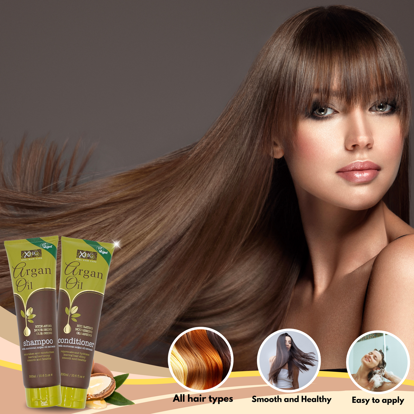 XHC Argan Oil Shampoo And Conditioner 300ml each with XHC Argan Oil Heat Protection (150ml) and XHC Hair Treatment (50ml)