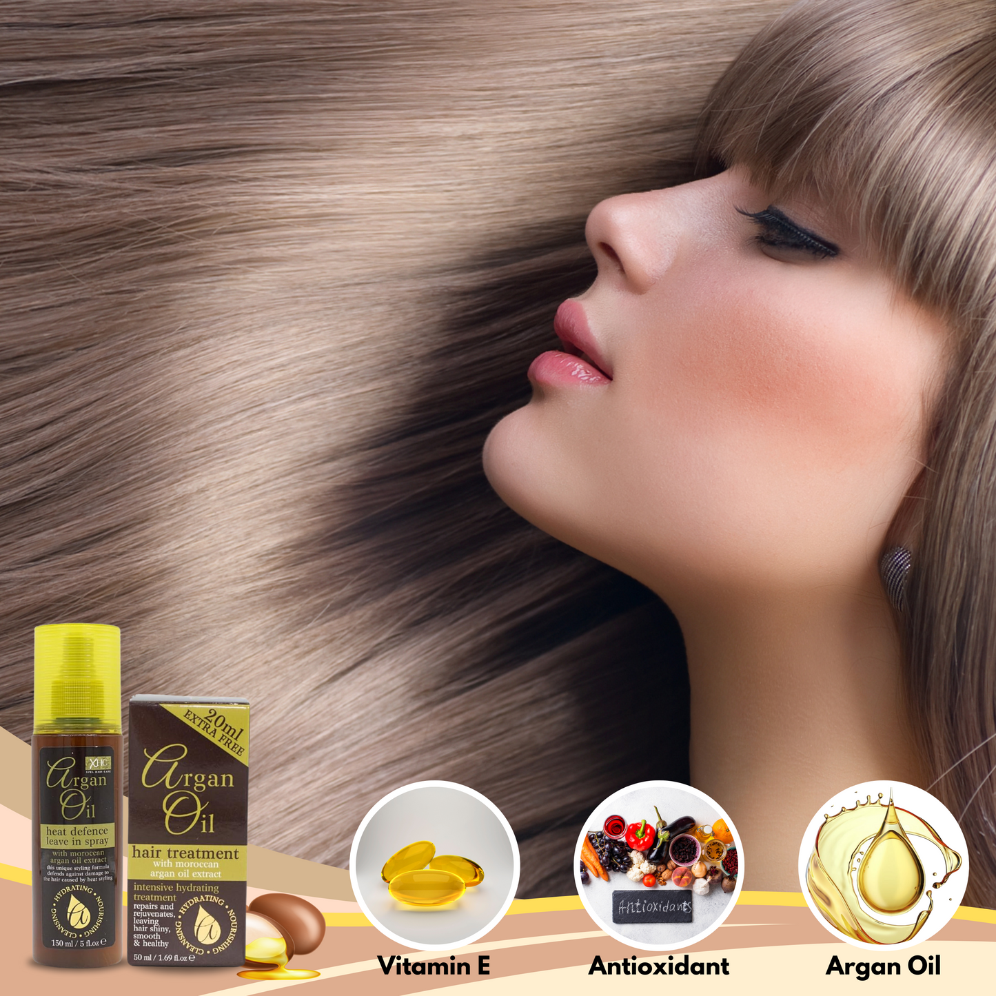 XHC Argan Oil Shampoo And Conditioner 300ml each with XHC Argan Oil Heat Protection (150ml) and XHC Hair Treatment (50ml)