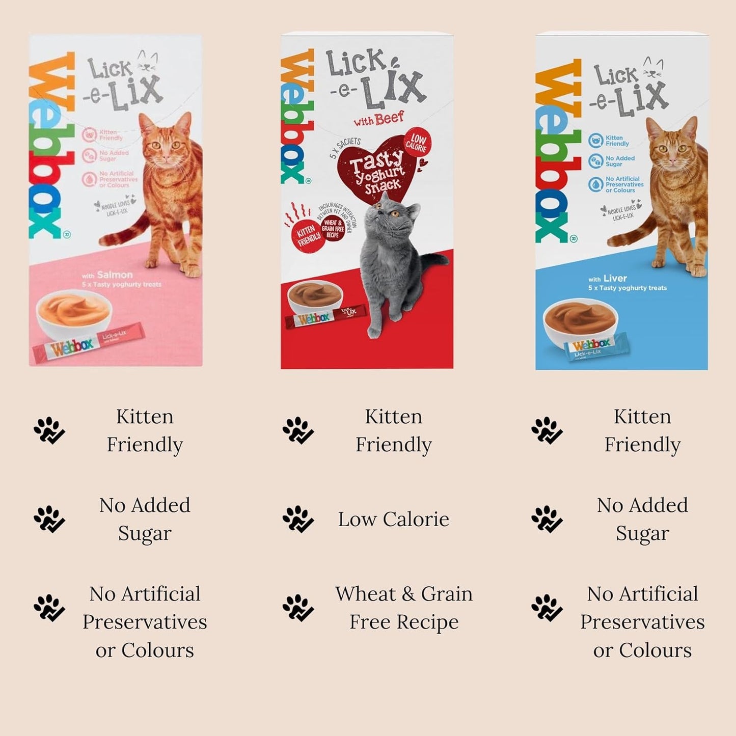 Webbox Lick-e-Lix Cat Treats (Salmon, Beef, Liver) and Webbox Cat Sticks (Cod, Salmon & Trout)
