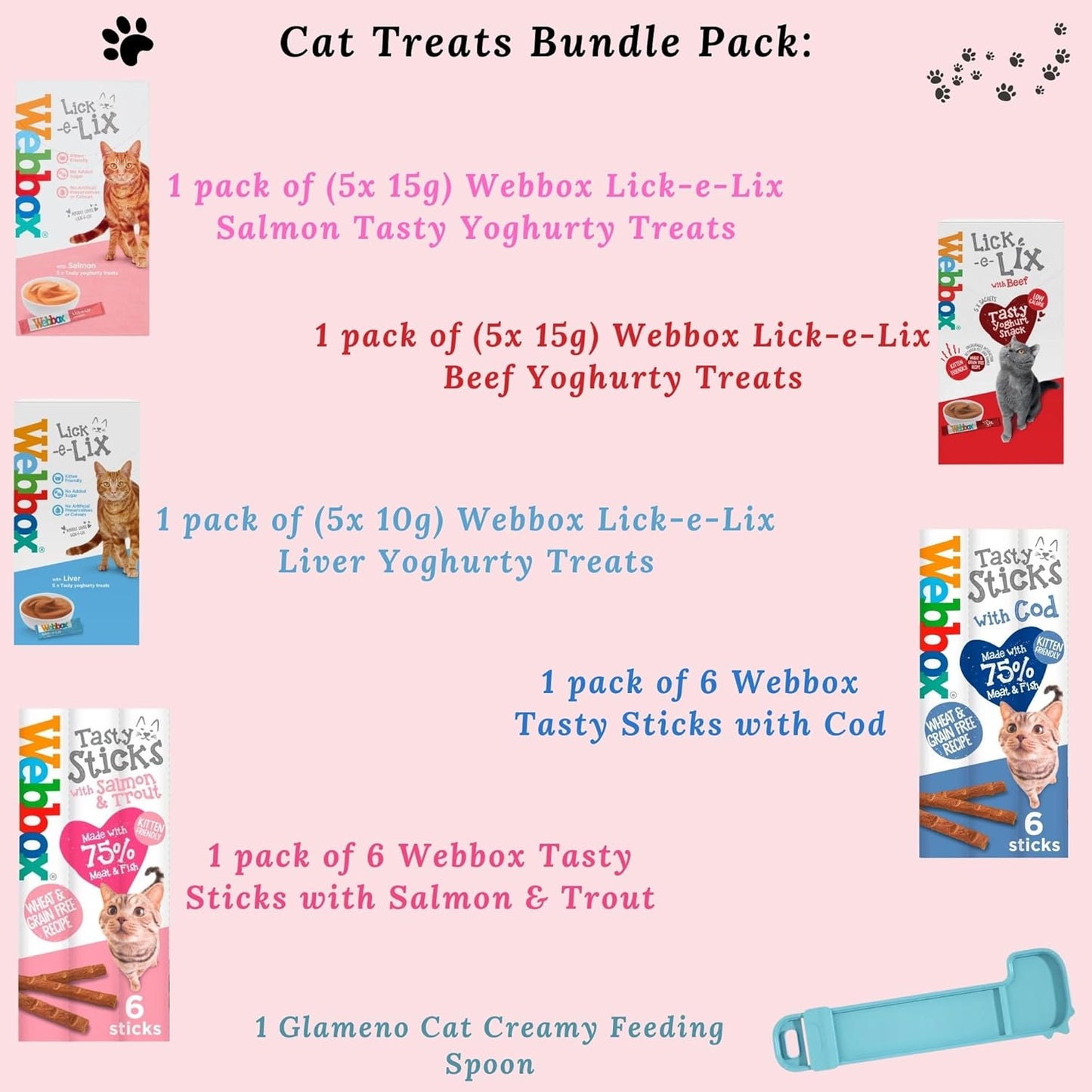 Webbox Lick-e-Lix Cat Treats (Salmon, Beef, Liver) and Webbox Cat Sticks (Cod, Salmon & Trout)