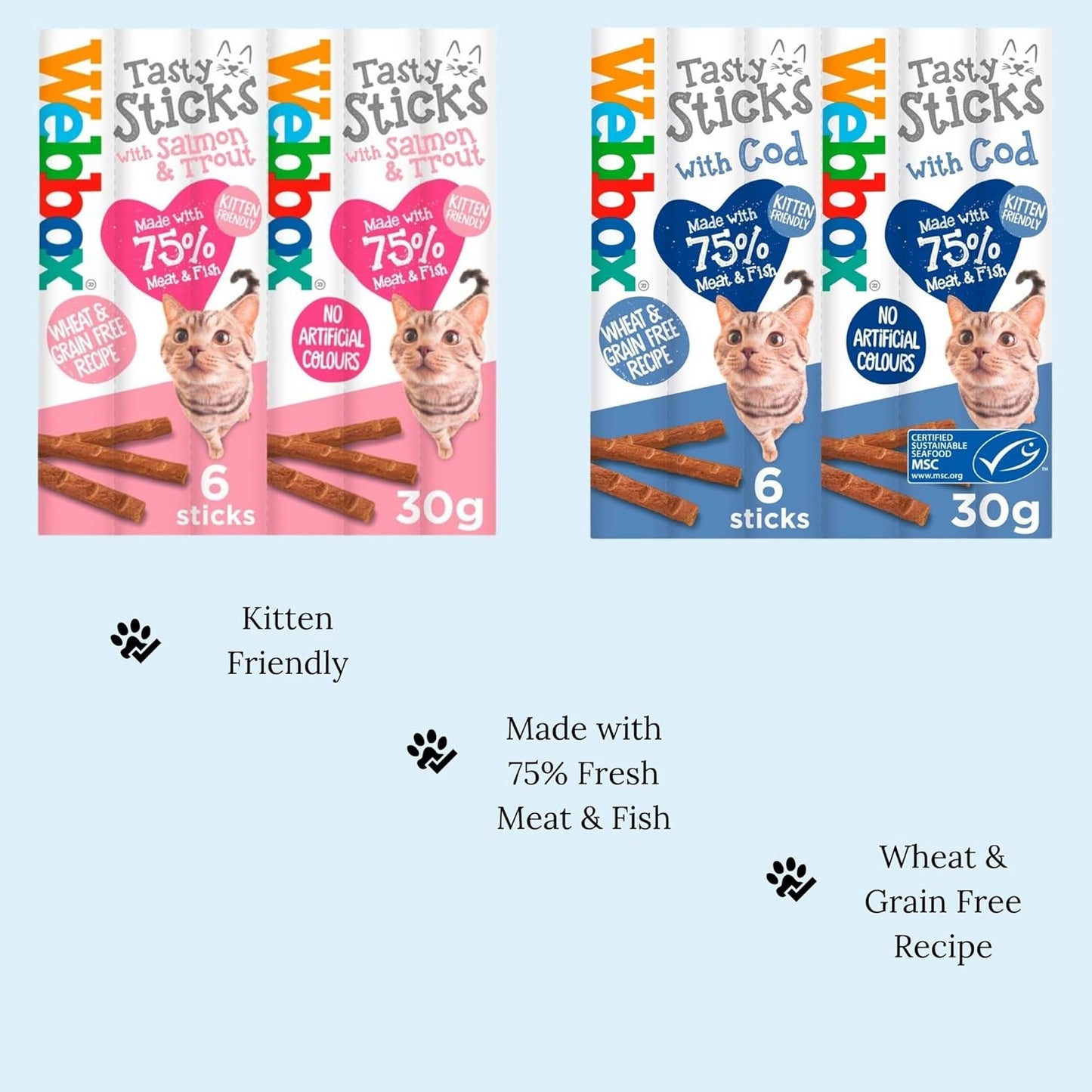 Webbox Lick-e-Lix Cat Treats (Salmon, Beef, Liver) and Webbox Cat Sticks (Cod, Salmon & Trout)