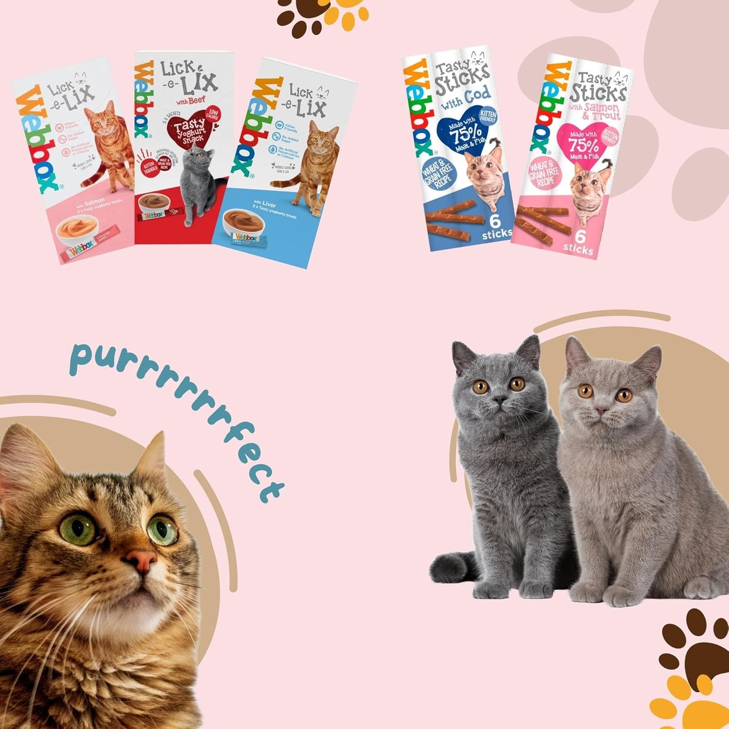 Webbox Lick-e-Lix Cat Treats (Salmon, Beef, Liver) and Webbox Cat Sticks (Cod, Salmon & Trout)