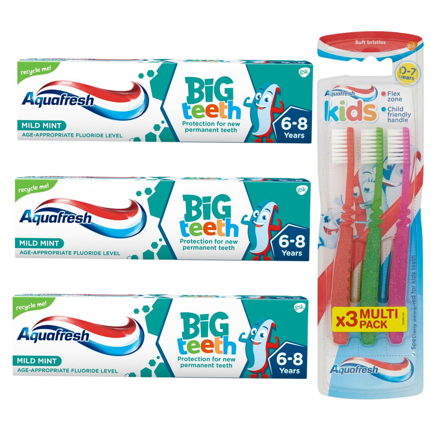 Aquafresh Big Teeth 6-8 Years 50ml (Pack of 3) and Aquafresh Kids Toothbrushes (Pack of 3)