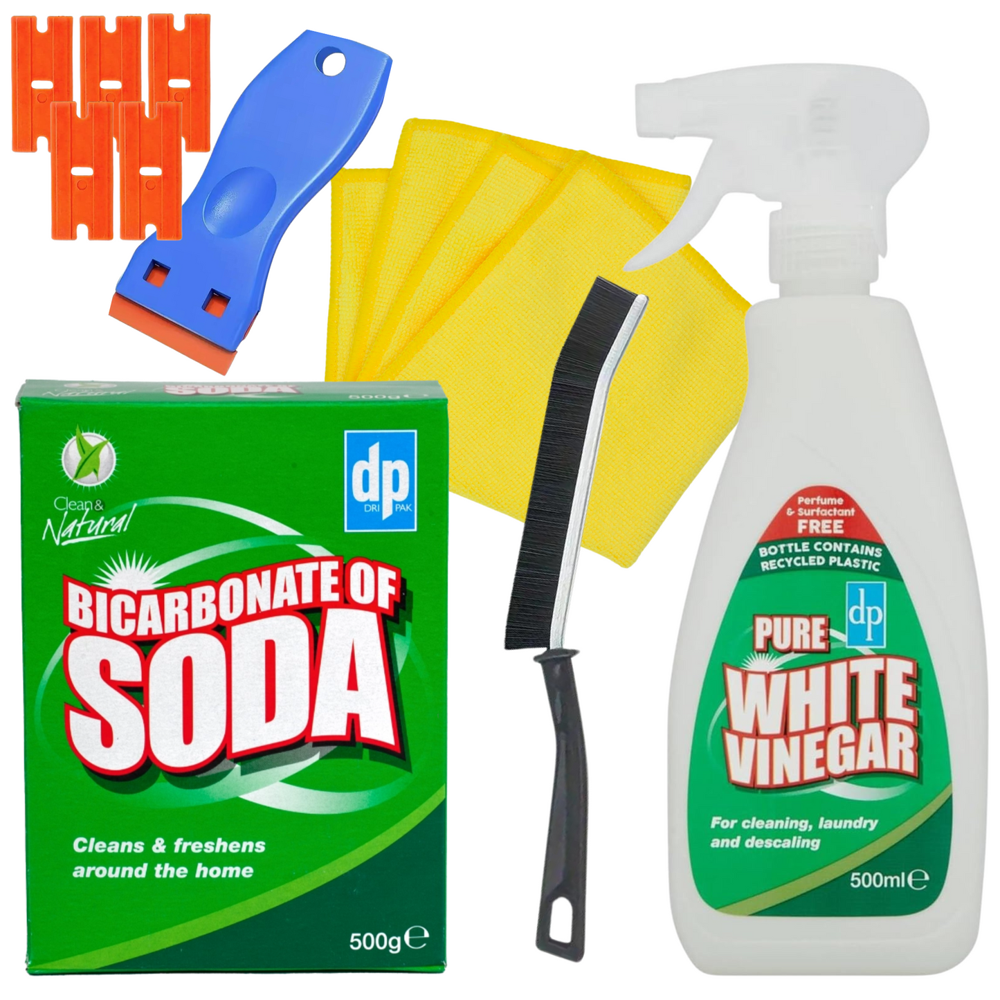 Dri Pak White Vinegar Cleaning Spray 500ml and Dri Pak Bicarbonate of Soda 500g | 1x Crevice Cleaning Brush and 1x Microfibre Cleaning Cloth with Glameno Plastic Scraper
