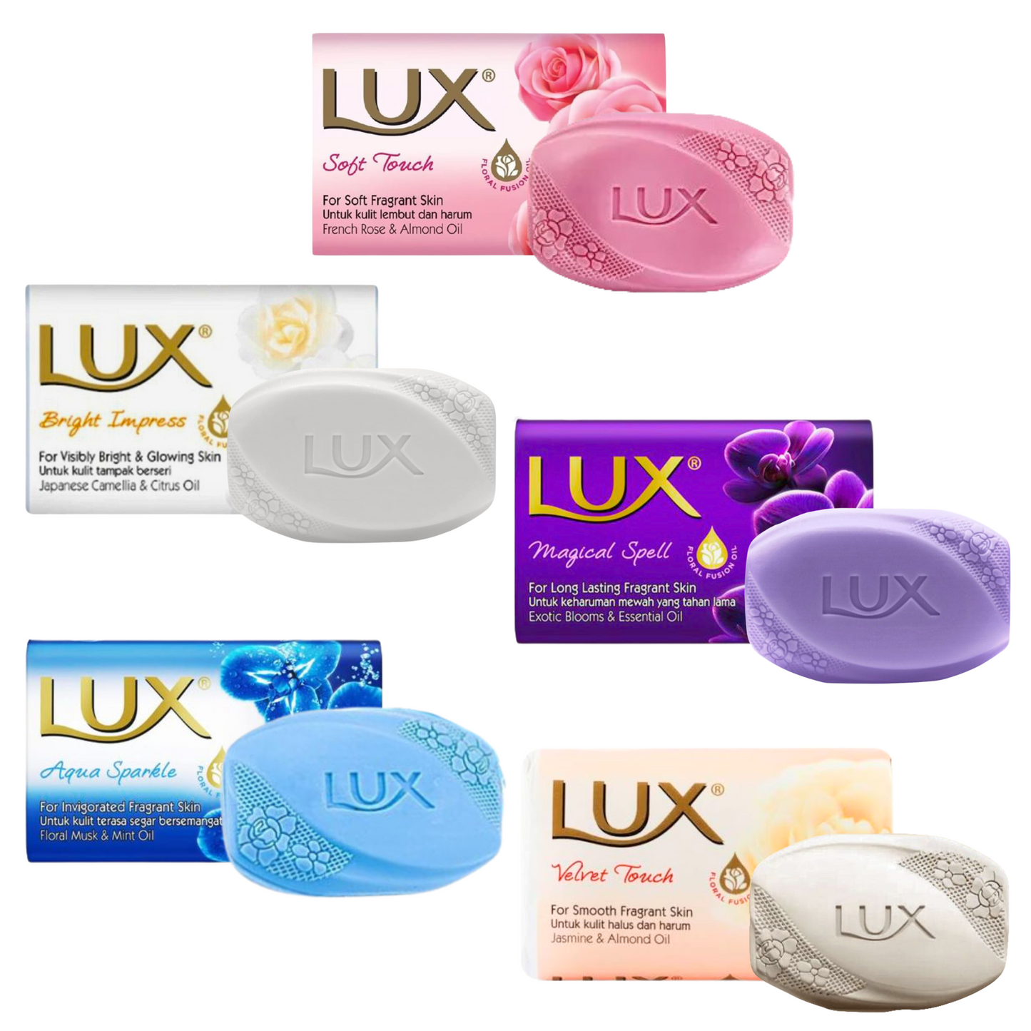 Lux Soap Bars - Soft Touch, Magical Spell, Bright Impress, Aqua Sparkle and Velvet Touch (80g Each)