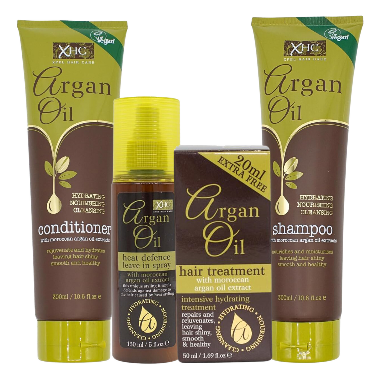 XHC Argan Oil Shampoo And Conditioner 300ml each with XHC Argan Oil Heat Protection (150ml) and XHC Hair Treatment (50ml)