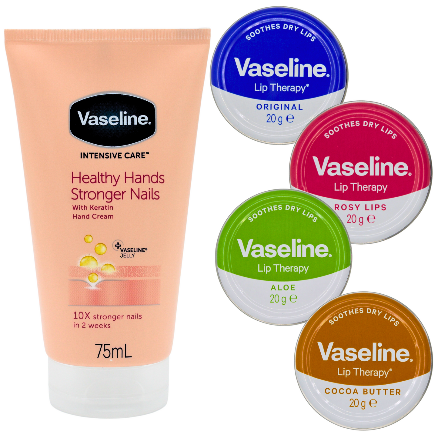 Vaseline Lip Balm Set - Original, Rosy Lips, Cocoa Butter, Aloe (20g Each) and Vaseline Hand Cream 75g