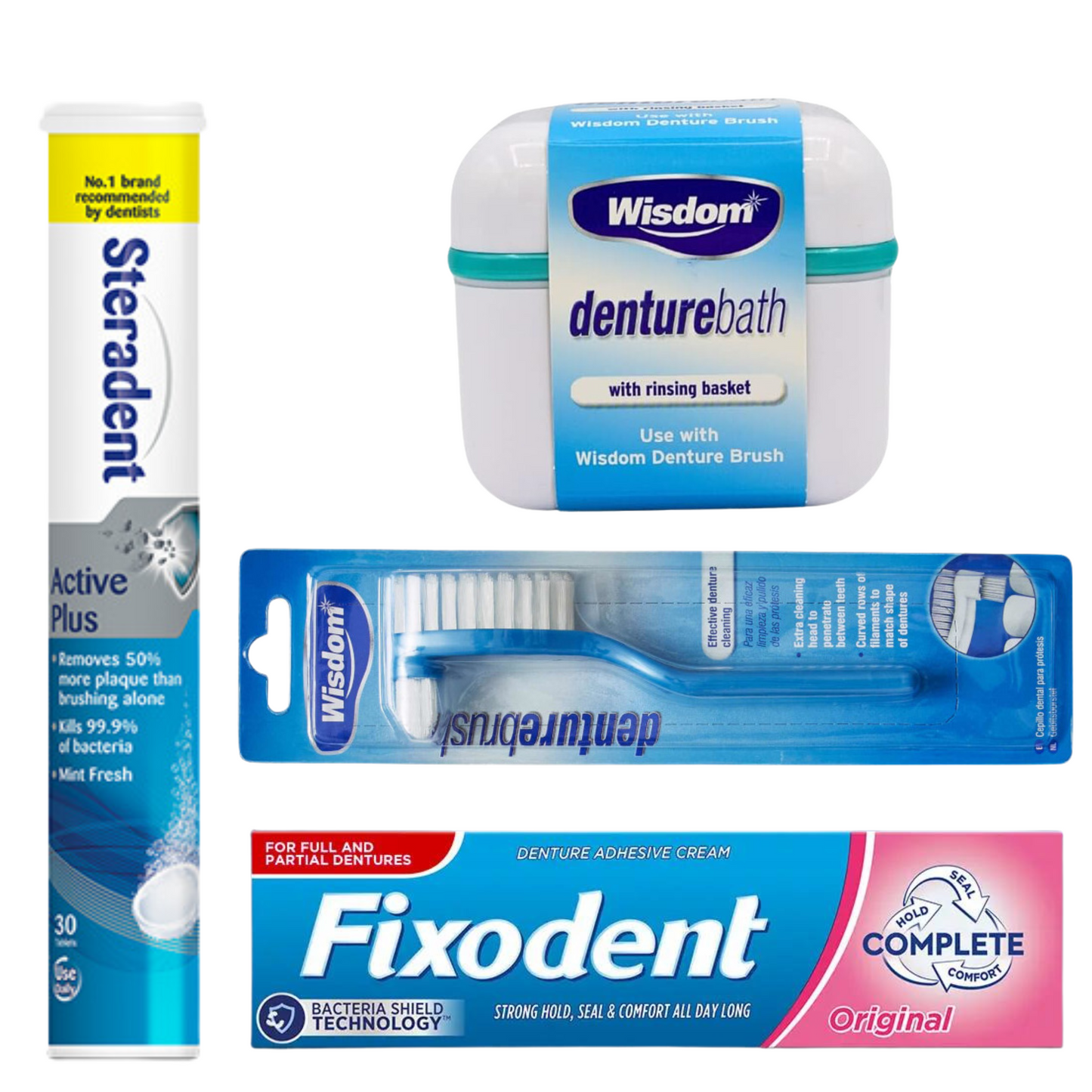 Fixodent Denture Adhesive Cream, Steradent Denture Cleaning Tablets with Wisdom Denture Box and Wisdom Denture Brush