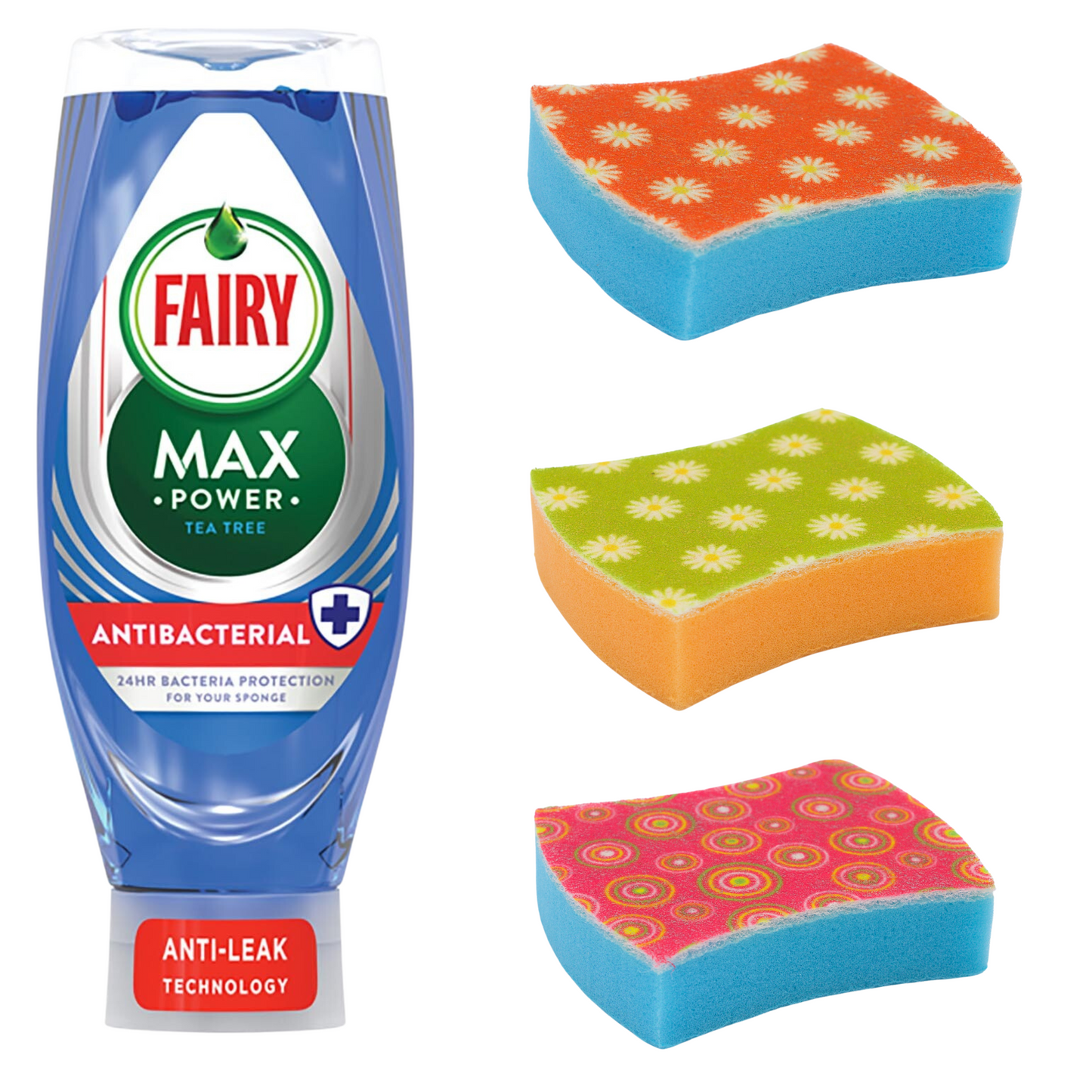 Fairy Washing Up Liquid 640ml and Non Scratch Cleaning Sponges (Pack of 3)