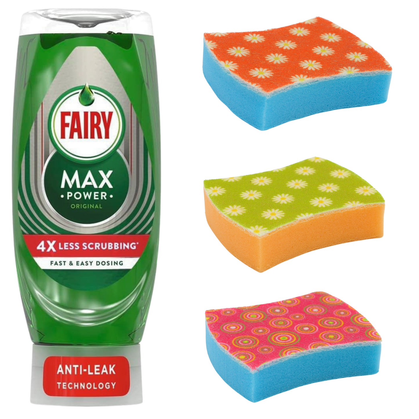 Fairy Washing Up Liquid 640ml and Non Scratch Cleaning Sponges (Pack of 3)