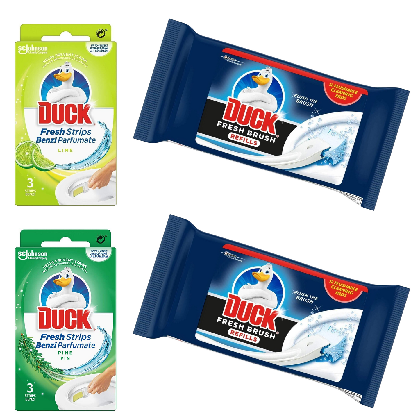 Duck Fresh Brush Refills (2 packs of 12 pads) and Duck Toilet Strips (3 Pine and 3 Lime)