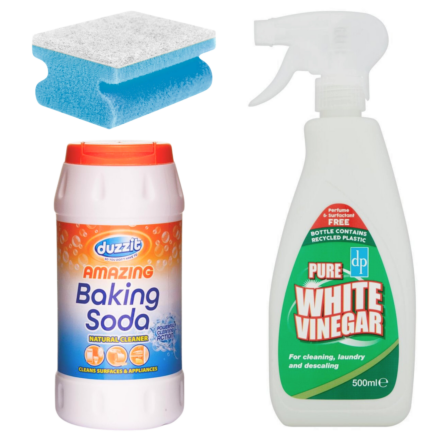 Duzzit Baking Soda 350g, Dri Pak White Vinegar 500ml and Non-Scratch Scouring Sponge