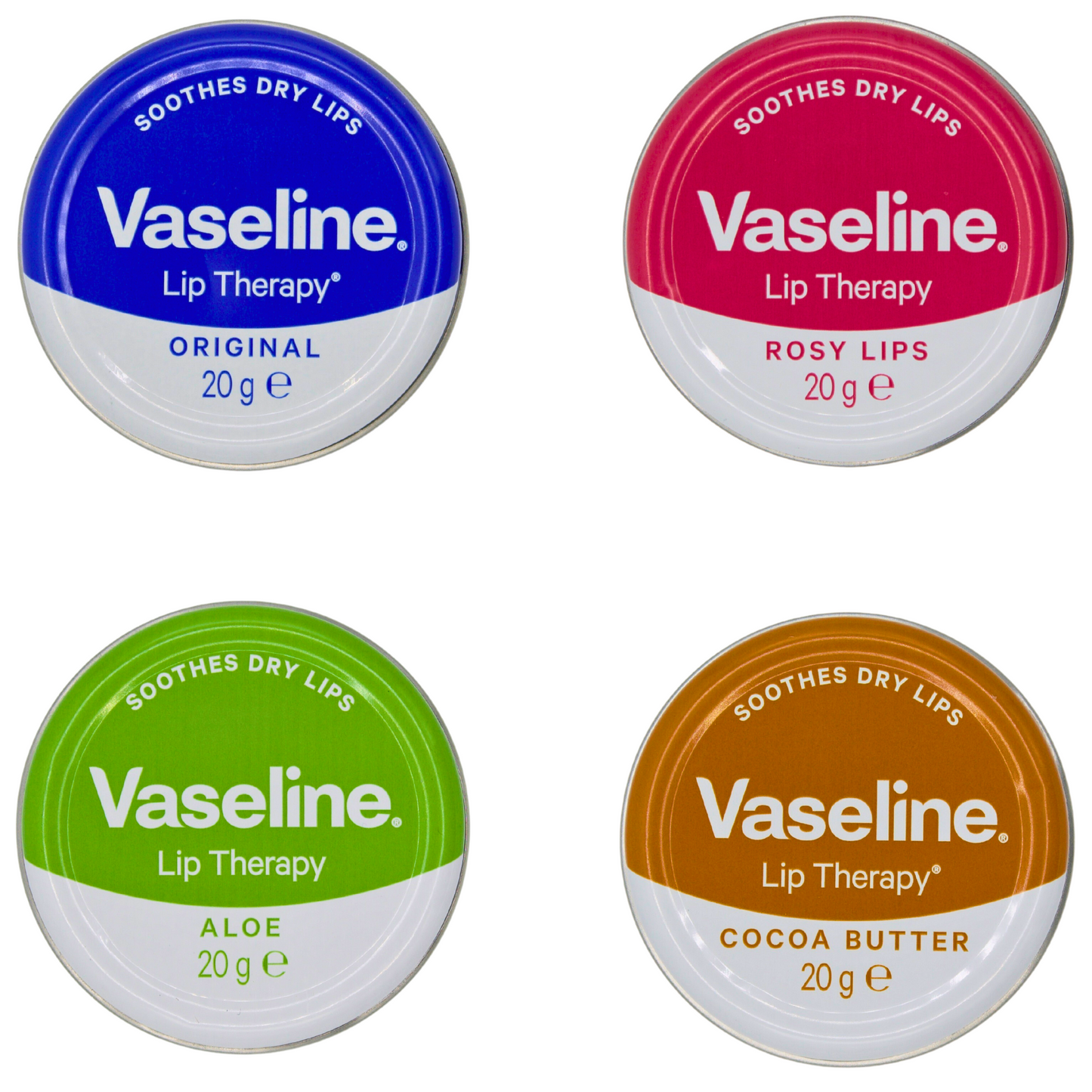 Vaseline Lip Balm Set - Original, Rosy Lips, Cocoa Butter and Aloe (20g each)
