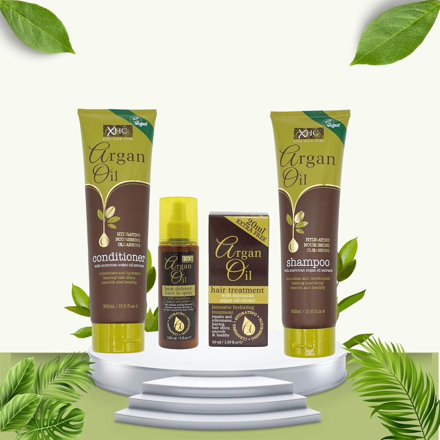 XHC Argan Oil Shampoo And Conditioner 300ml each with XHC Argan Oil Heat Protection (150ml) and XHC Hair Treatment (50ml)