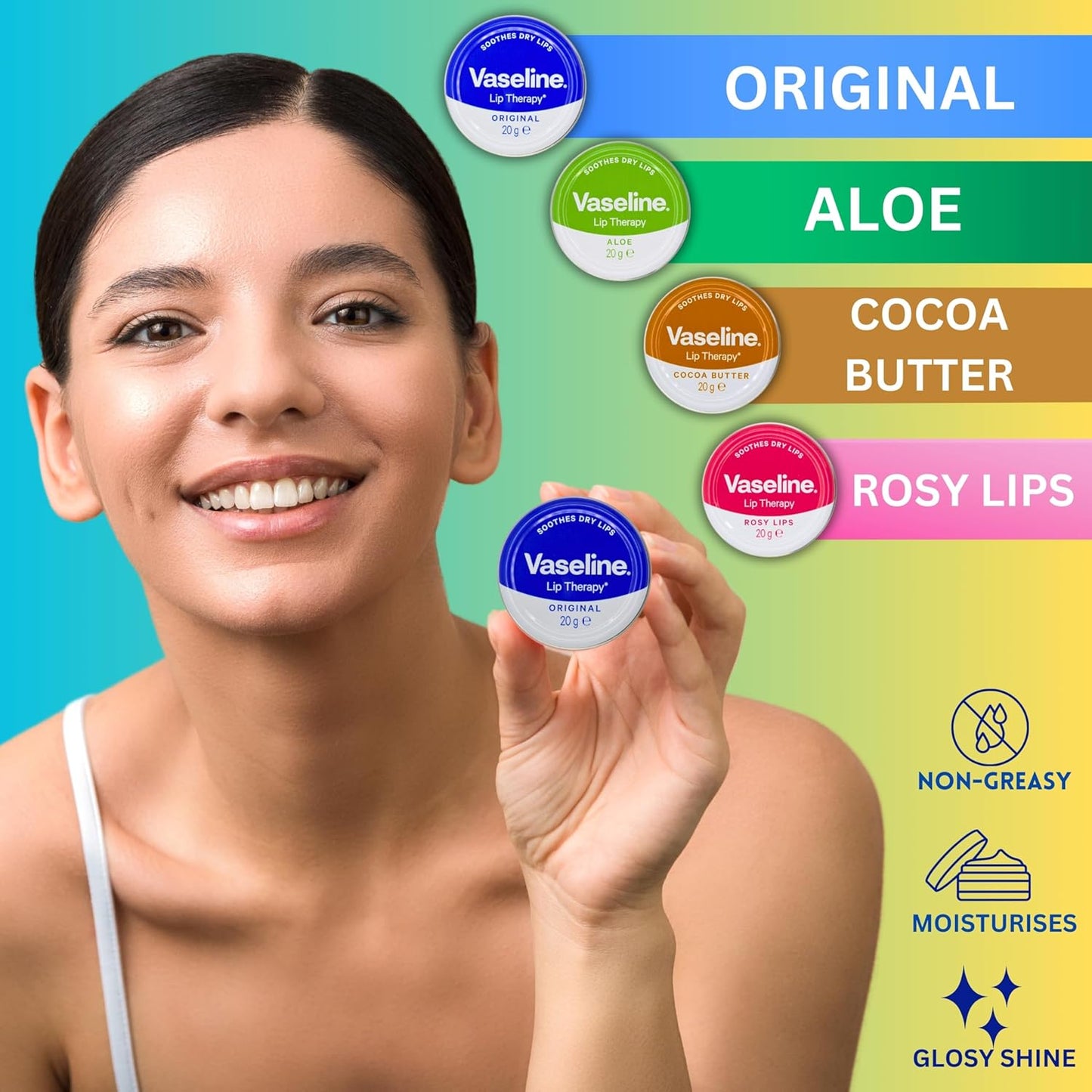 Vaseline Lip Balm Set - Original, Rosy Lips, Cocoa Butter, Aloe (20g Each) and Vaseline Hand Cream 75g