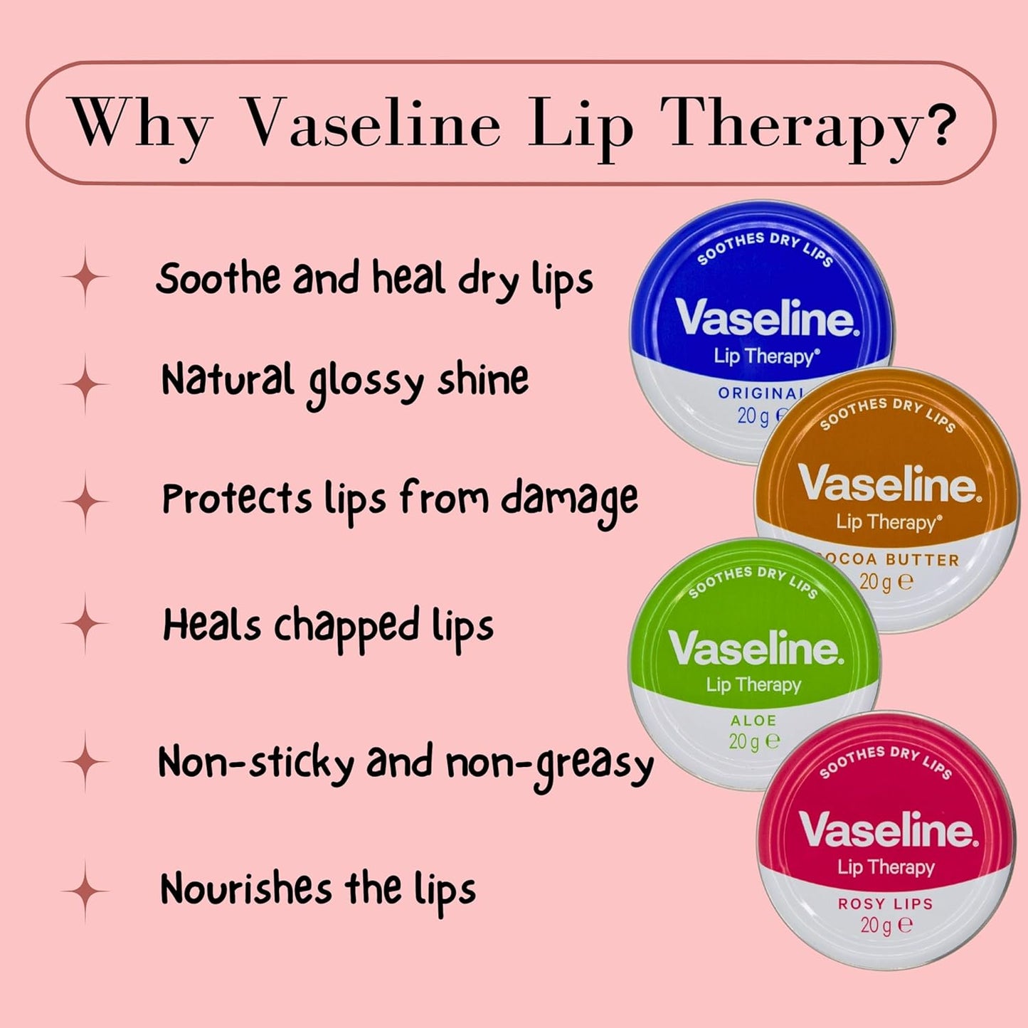Vaseline Lip Balm Set - Original, Rosy Lips, Cocoa Butter, Aloe (20g Each) and Vaseline Hand Cream 75g