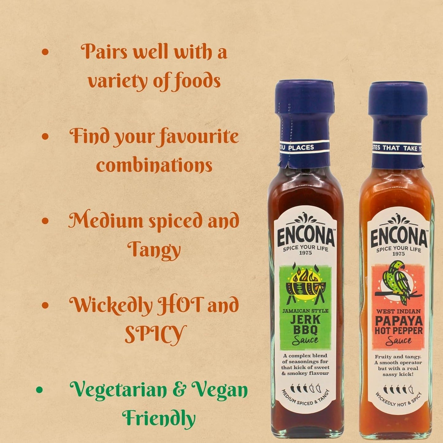 Encona Jamaican Style Jerk BBQ Sauce 142ml and Encona West Indian Papaya Hot Pepper Sauce 142ml