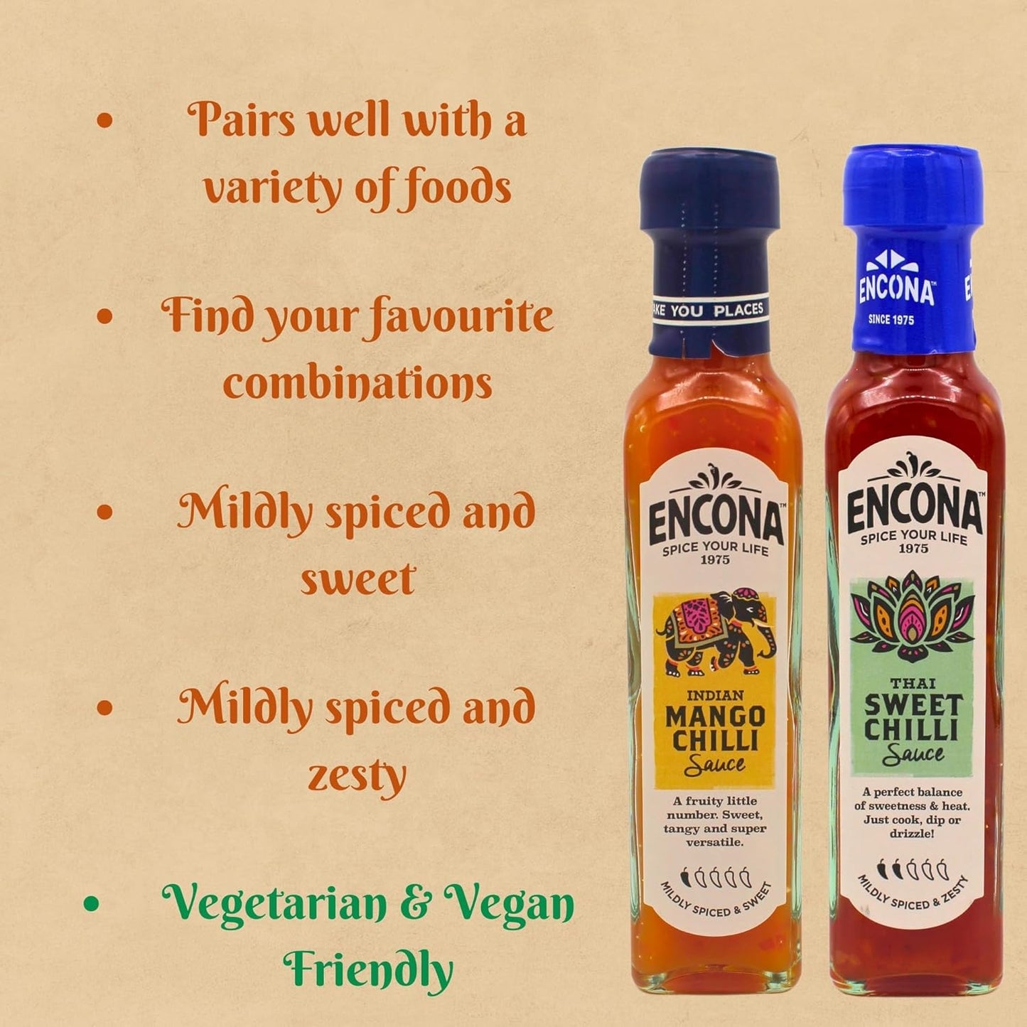 Encona Indian Mango Chilli Sauce 142 ml and Encona Thai Sweet Chilli Sauce 142 ml