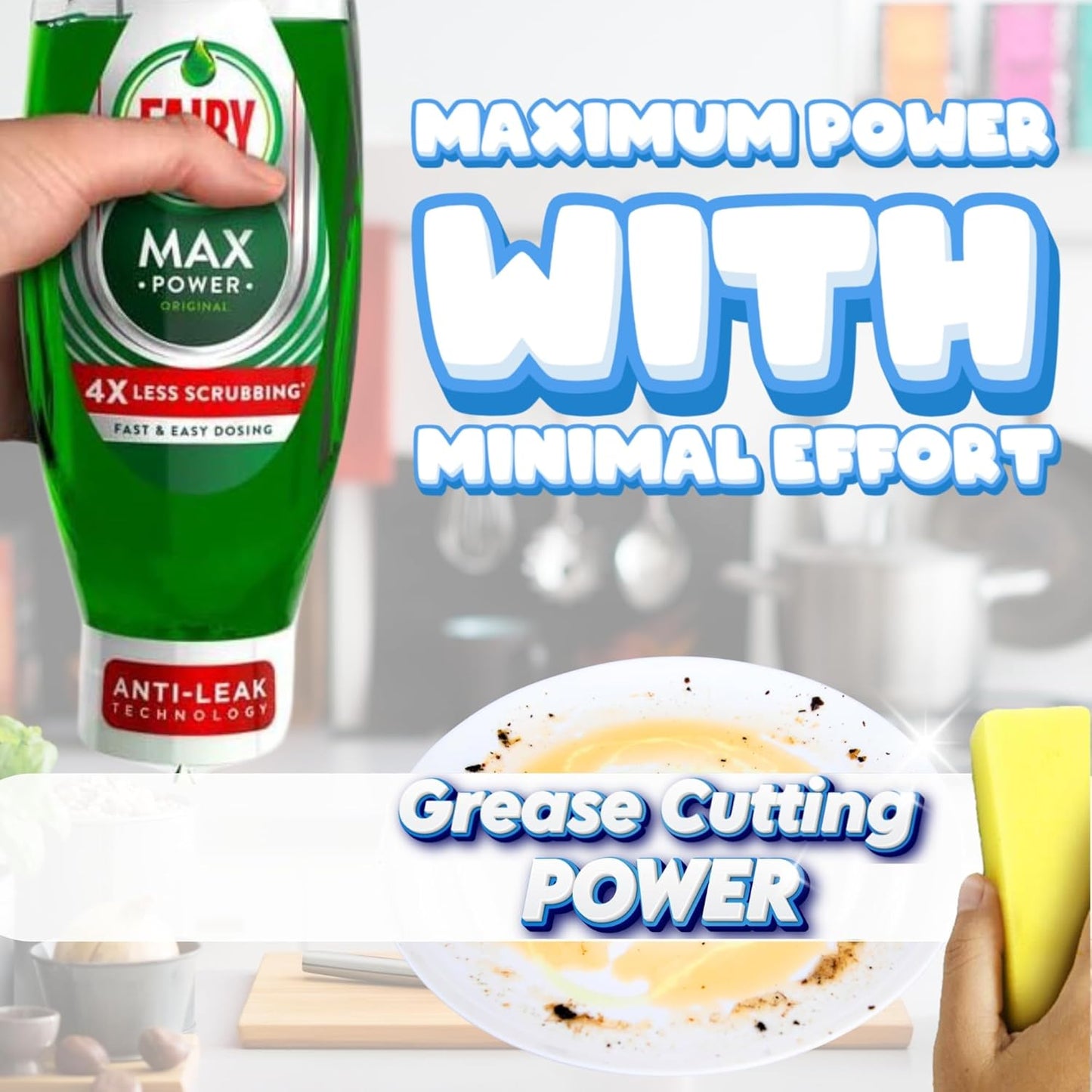 Fairy Washing Up Liquid 640ml and Non Scratch Cleaning Sponges (Pack of 3)