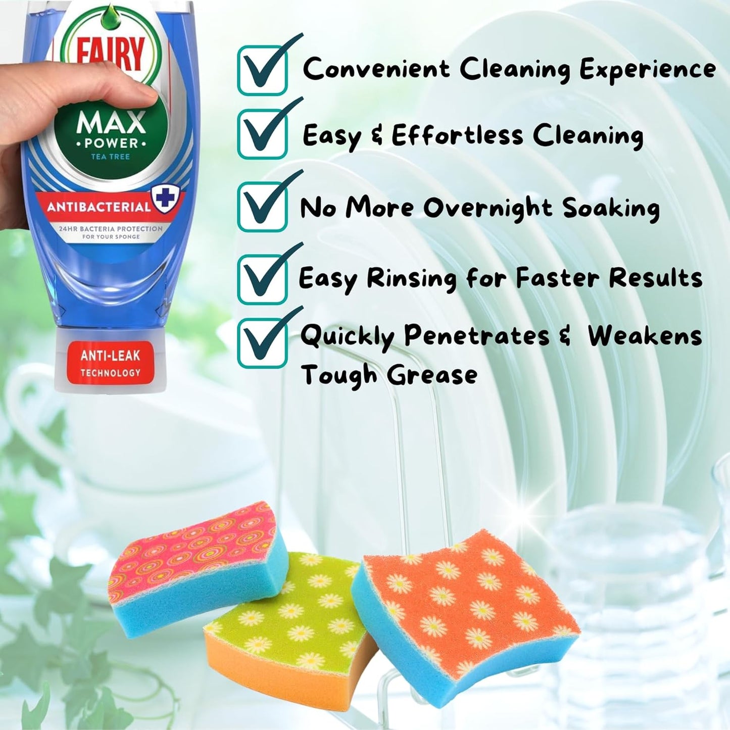 Fairy Washing Up Liquid 640ml and Non Scratch Cleaning Sponges (Pack of 3)