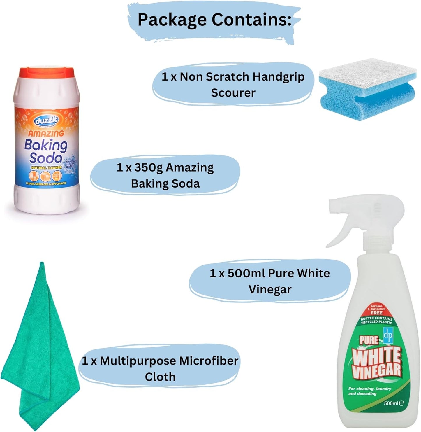 Duzzit Baking Soda 350g, Dri Pak White Vinegar 500ml and Non-Scratch Scouring Sponge