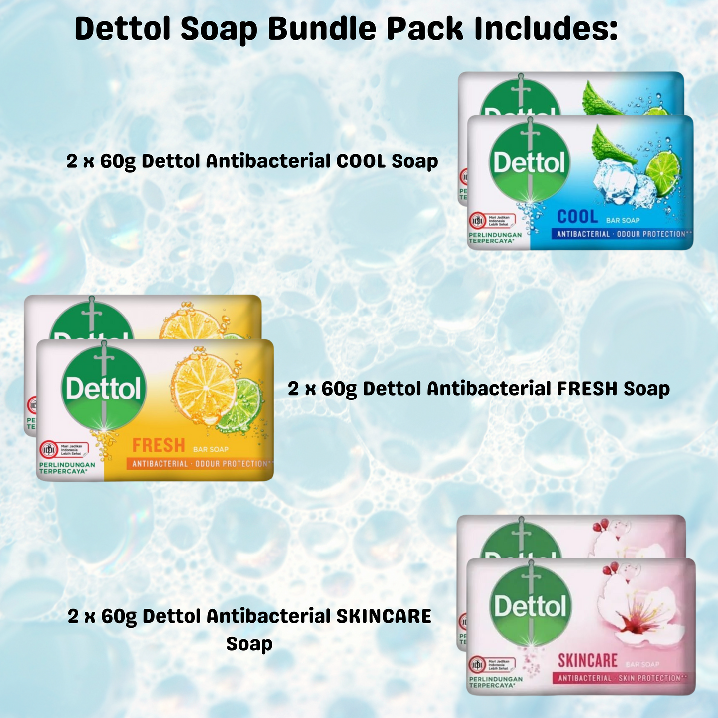 Dettol Antibacterial Soap Bar Selection (2x Fresh, 2x Cool, and 2 x Skincare) 60g Each