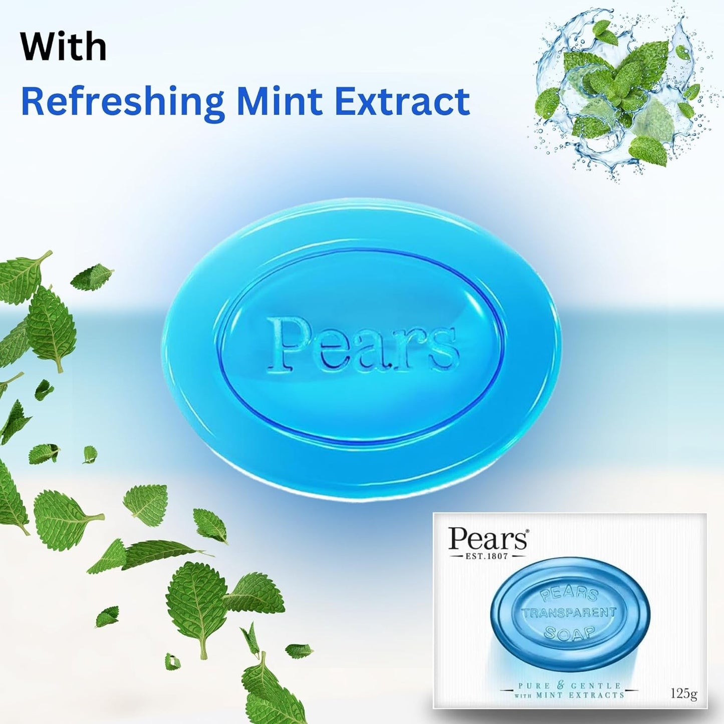 Pears Pure & Gentle Soap Bars -  Natural Oil, Lemon Flower Extract, and Mint Extract (125g Each)