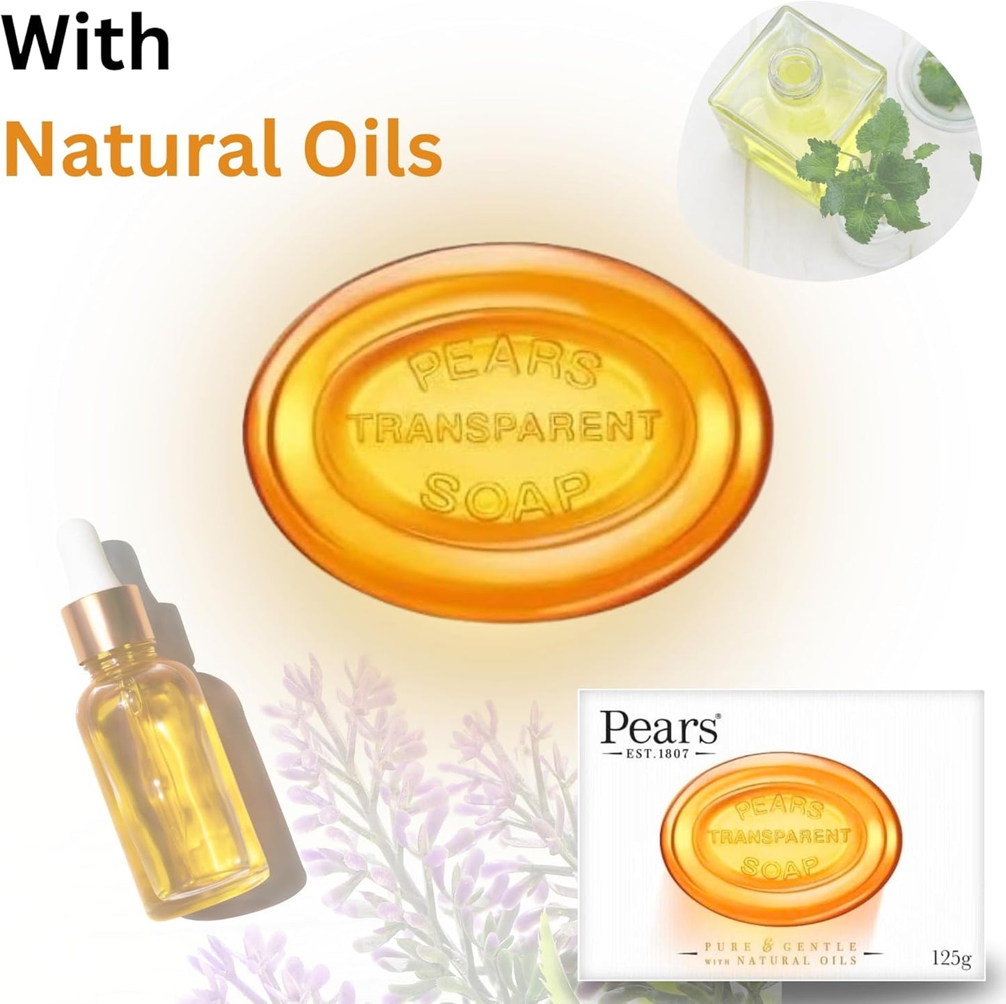 Pears Pure & Gentle Soap Bars -  Natural Oil, Lemon Flower Extract, and Mint Extract (125g Each)