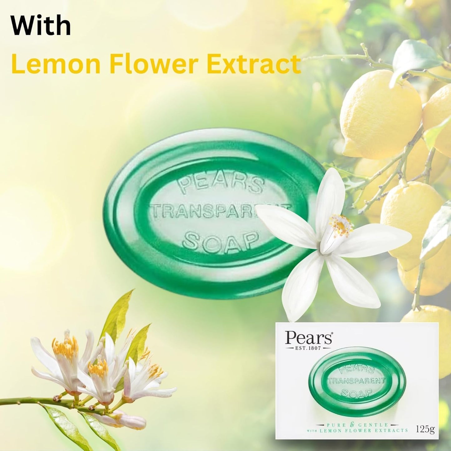 Pears Pure & Gentle Soap Bars -  Natural Oil, Lemon Flower Extract, and Mint Extract (125g Each)